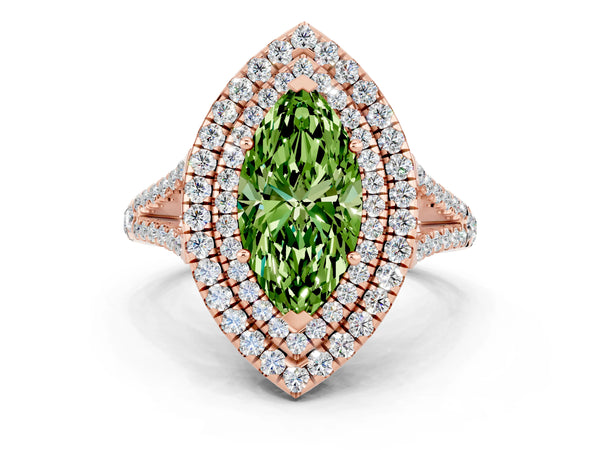 Rose gold Marquise Cut Peridot Double Halo Ring with Pavé Band and Prong Setting
