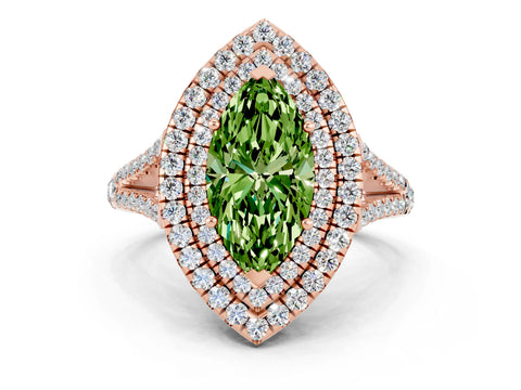 Rose gold Marquise Cut Peridot Double Halo Ring with Pavé Band and Prong Setting_12