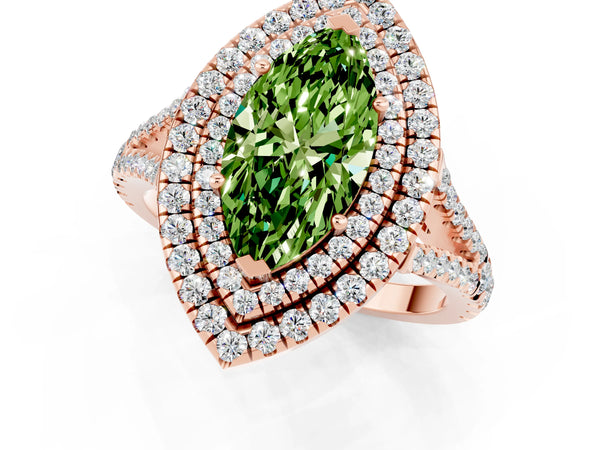 Rose gold Marquise Cut Peridot Double Halo Ring with Pavé Band and Prong Setting