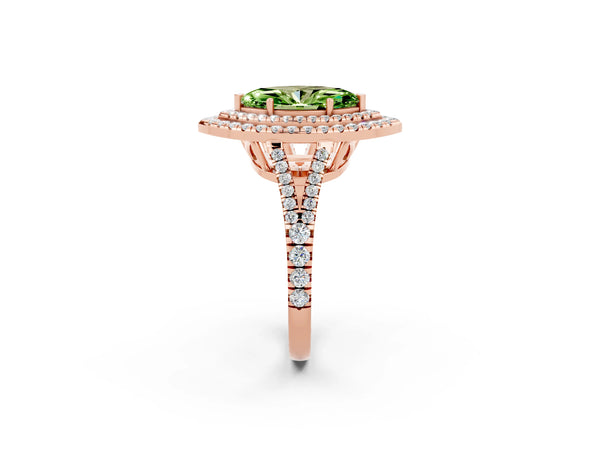 Rose gold Marquise Cut Peridot Double Halo Ring with Pavé Band and Prong Setting