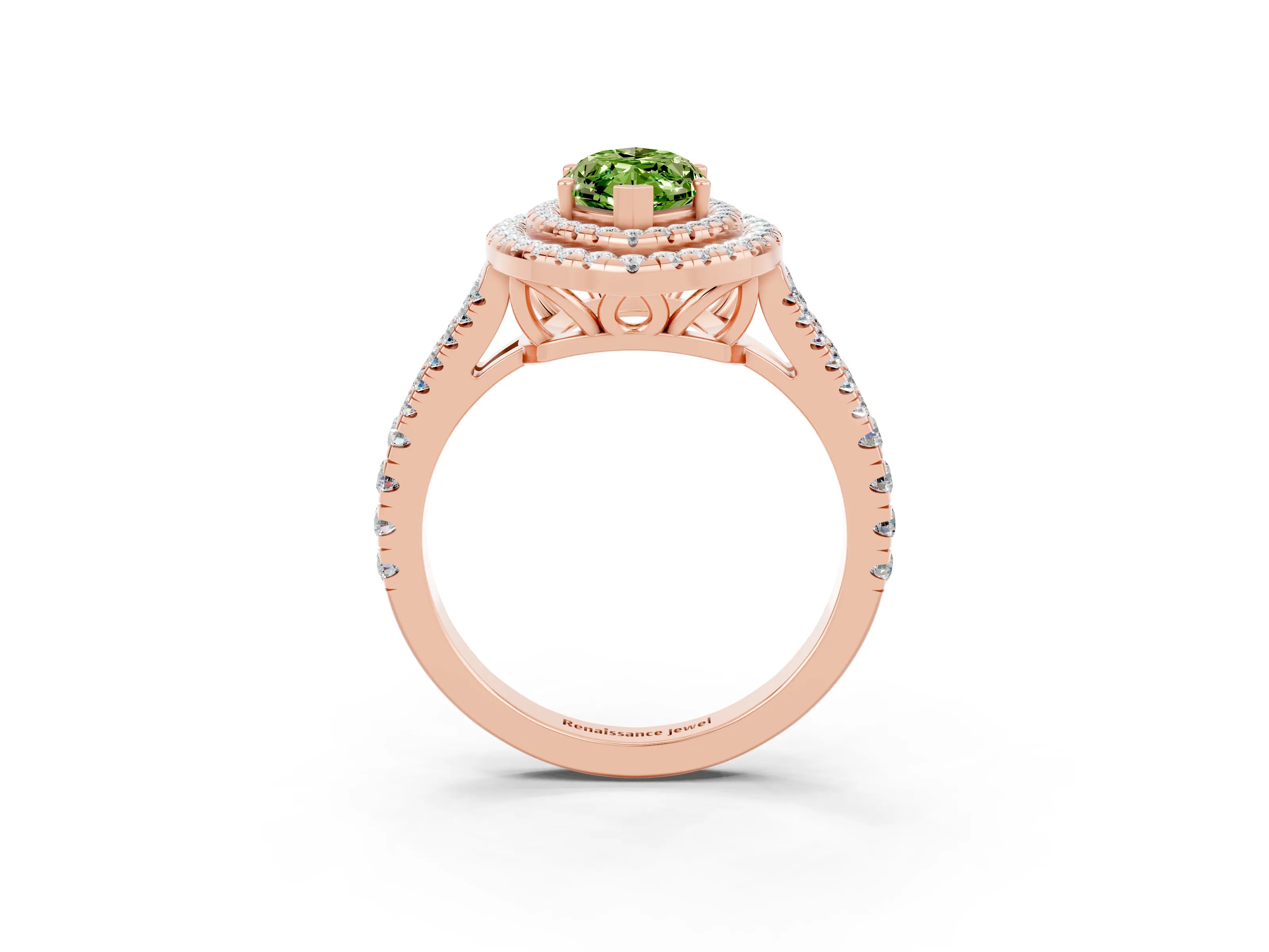 Rose gold Marquise Cut Peridot Double Halo Ring with Pavé Band and Prong Setting_15