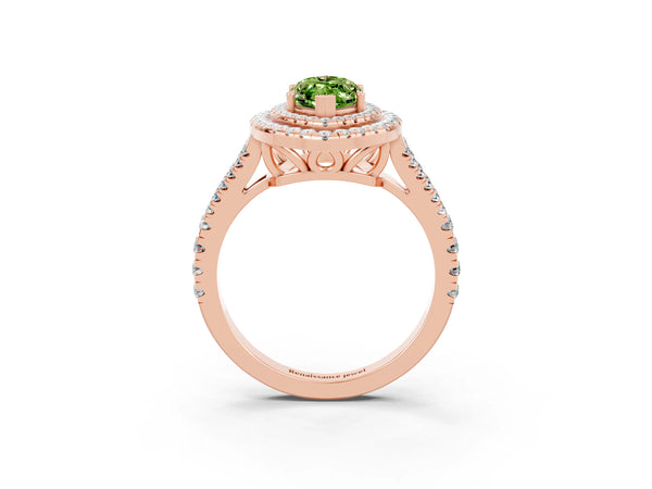 Rose gold Marquise Cut Peridot Double Halo Ring with Pavé Band and Prong Setting