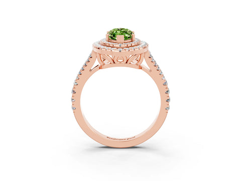 Rose gold Marquise Cut Peridot Double Halo Ring with Pavé Band and Prong Setting_15