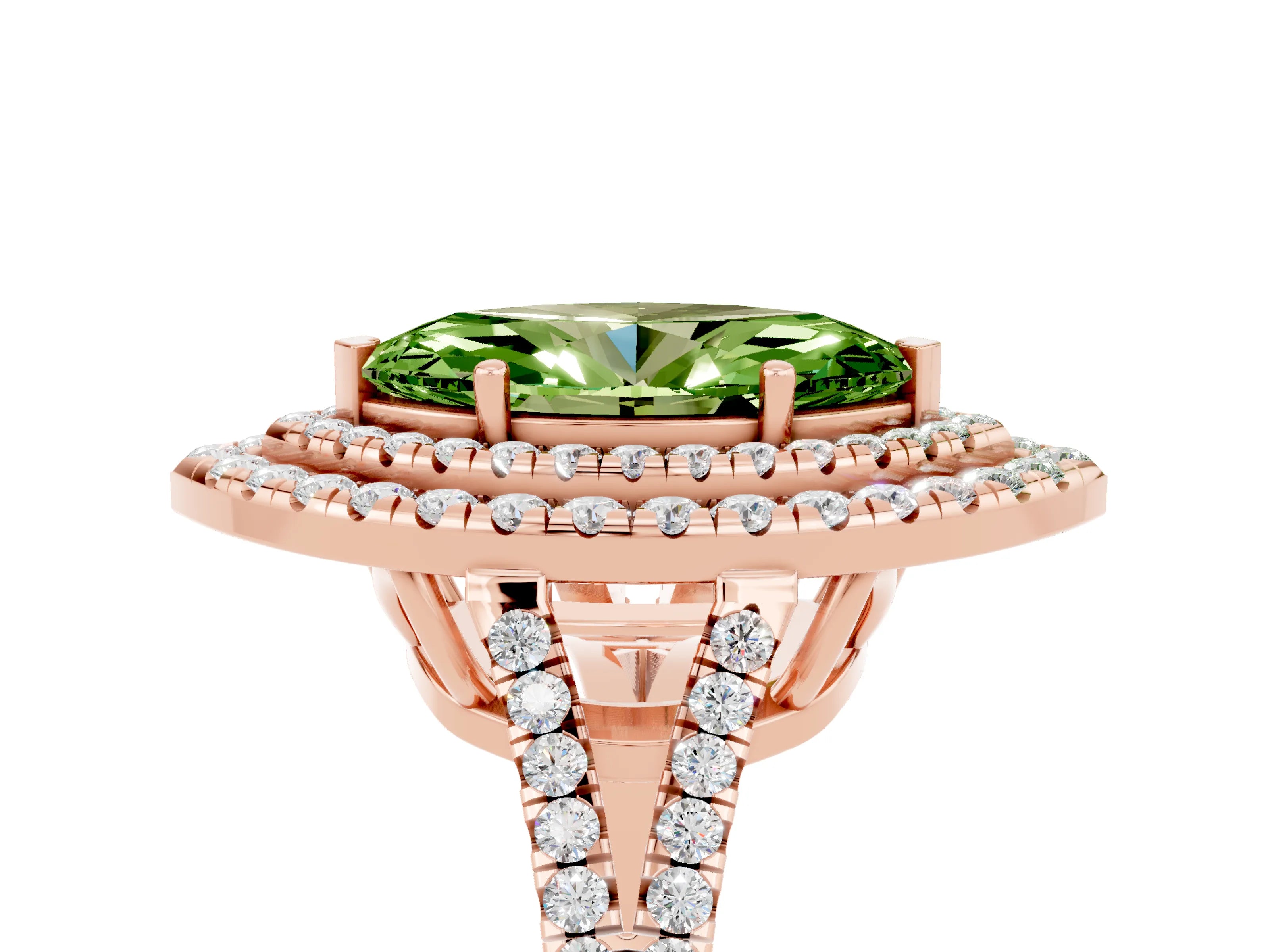 Rose gold Marquise Cut Peridot Double Halo Ring with Pavé Band and Prong Setting_17