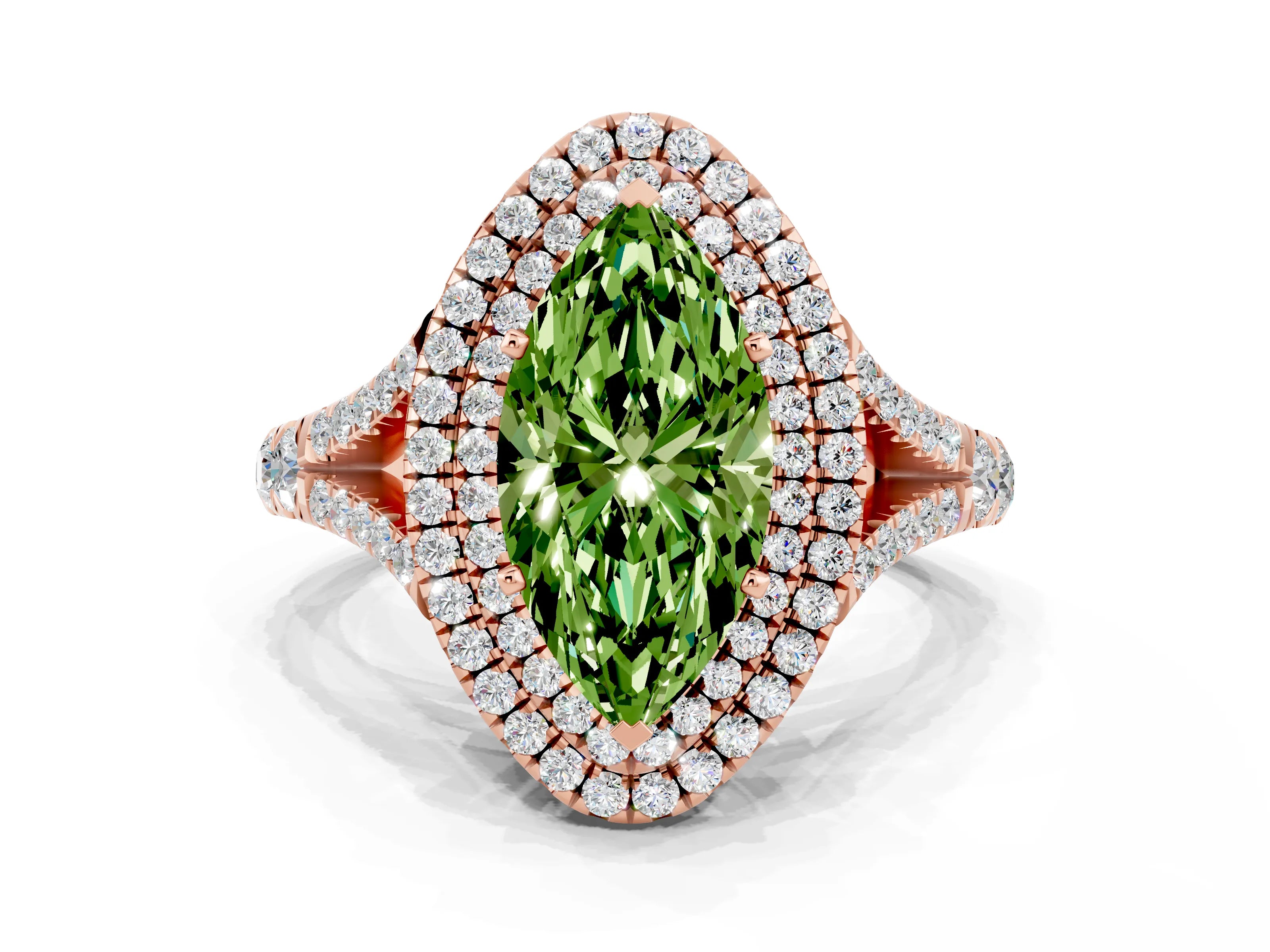 Rose gold Marquise Cut Peridot Double Halo Ring with Split Shank and Prong Setting_12