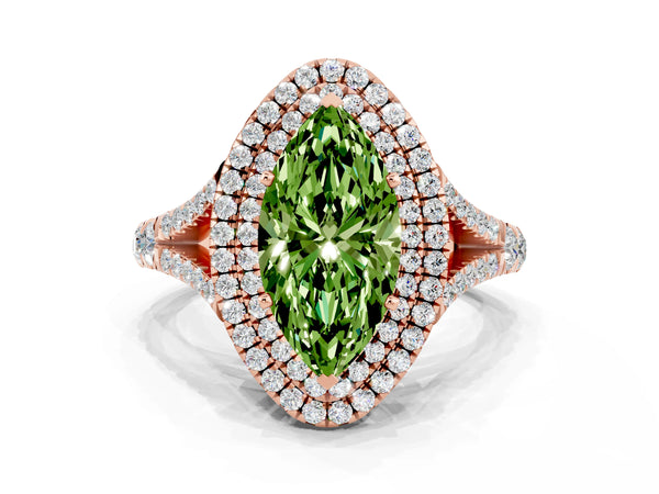 Rose gold Marquise Cut Peridot Double Halo Ring with Split Shank and Prong Setting