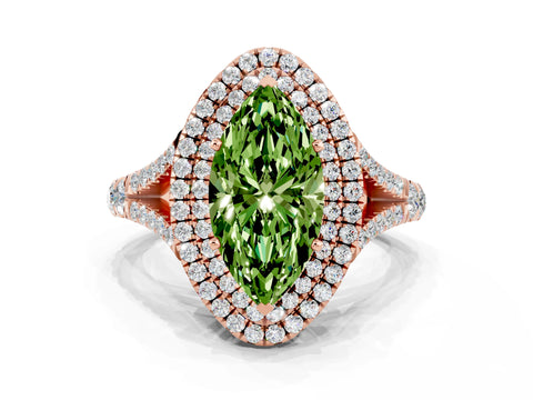 Rose gold Marquise Cut Peridot Double Halo Ring with Split Shank and Prong Setting_12