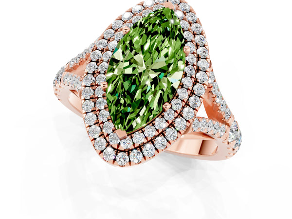Rose gold Marquise Cut Peridot Double Halo Ring with Split Shank and Prong Setting