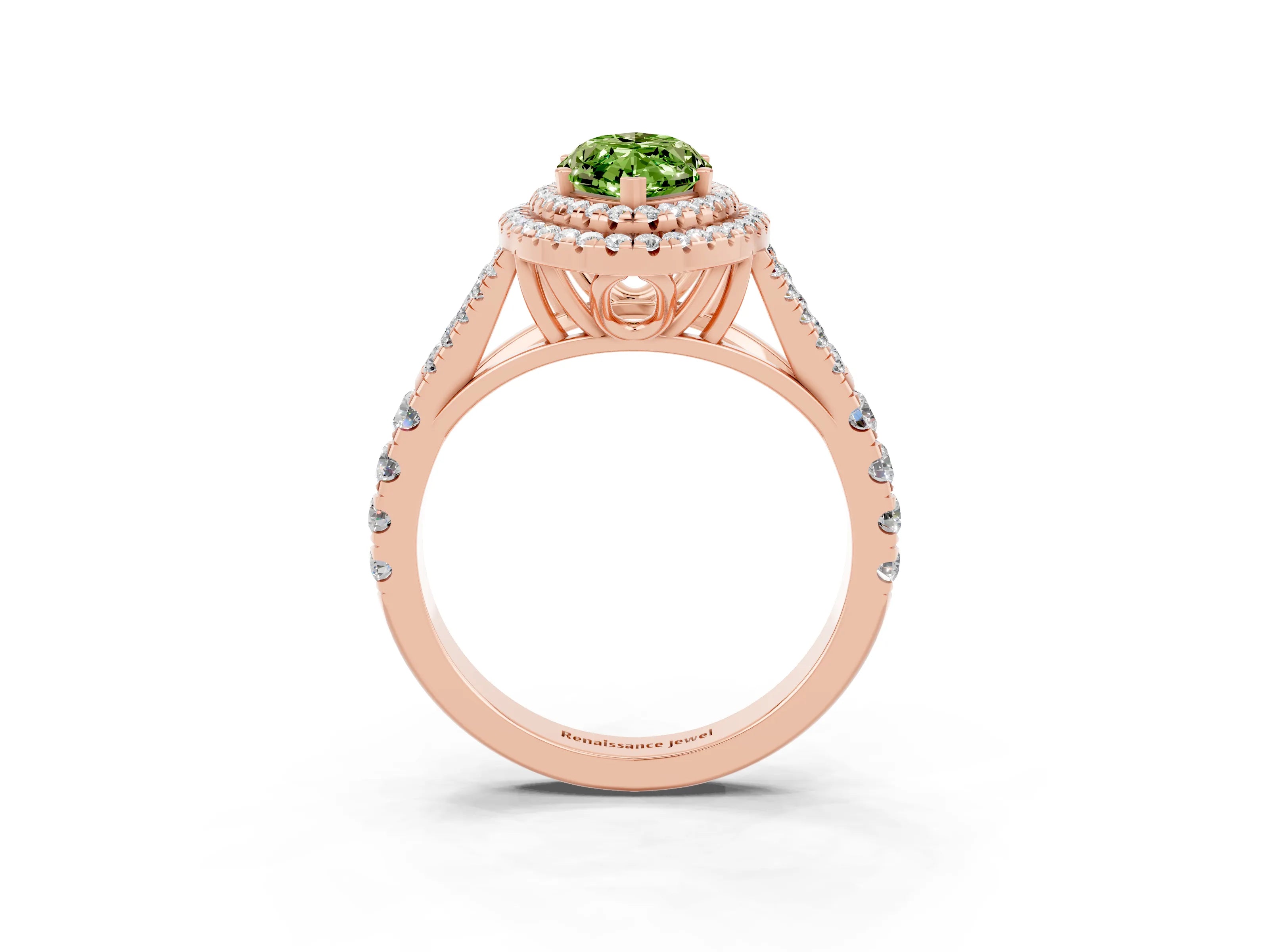 Rose gold Marquise Cut Peridot Double Halo Ring with Split Shank and Prong Setting_15
