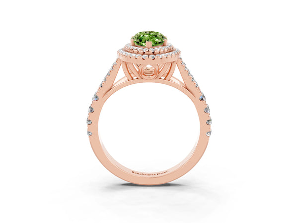 Rose gold Marquise Cut Peridot Double Halo Ring with Split Shank and Prong Setting