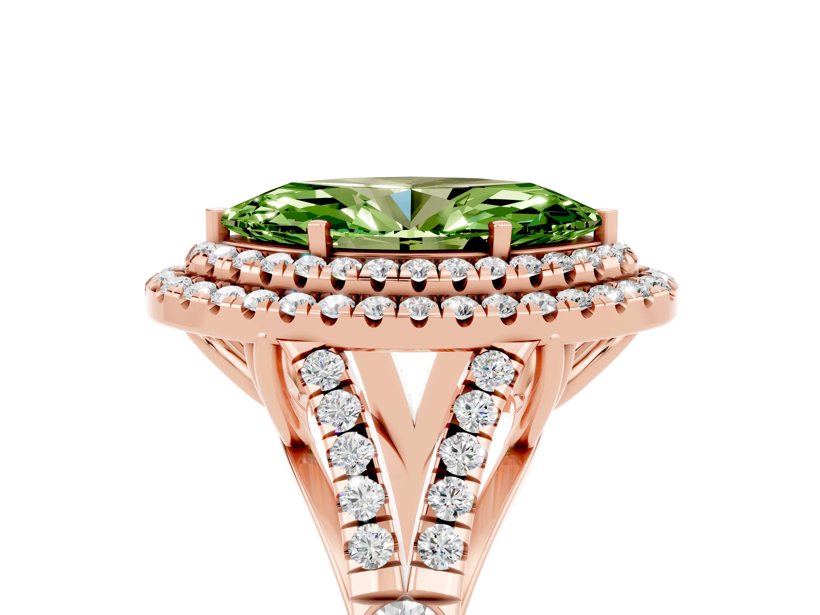 Rose gold Marquise Cut Peridot Double Halo Ring with Split Shank and Prong Setting_17