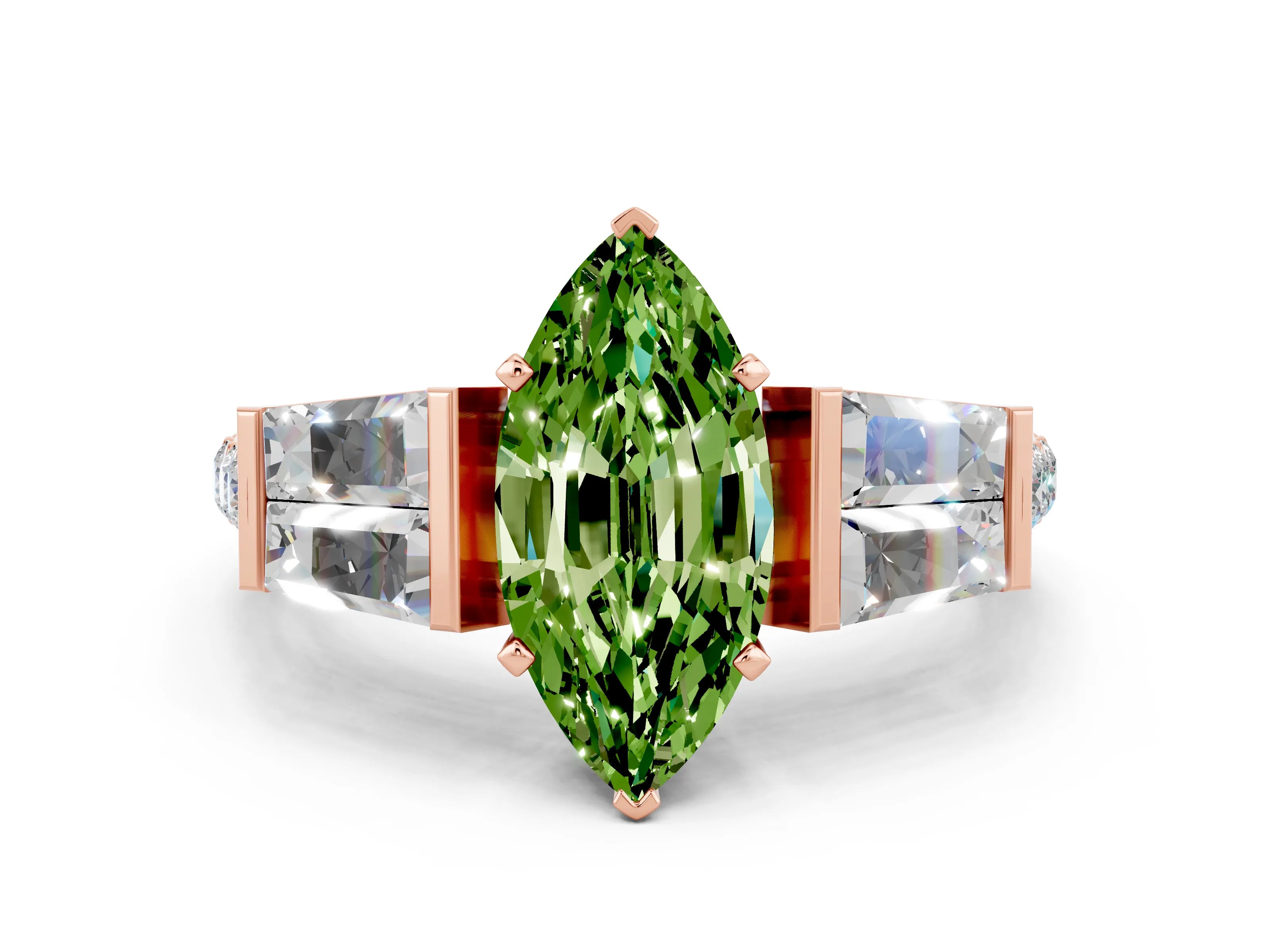 Rose gold Marquise Cut Peridot Engagement Ring with Baguette Side Stones and Channel Set Band