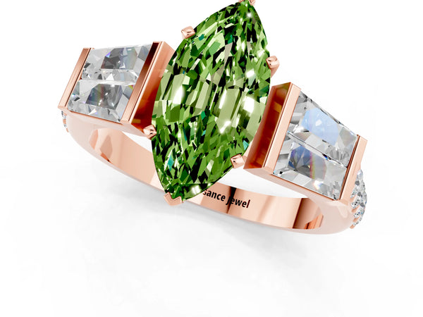 Rose gold Marquise Cut Peridot Engagement Ring with Baguette Side Stones and Channel Set Band