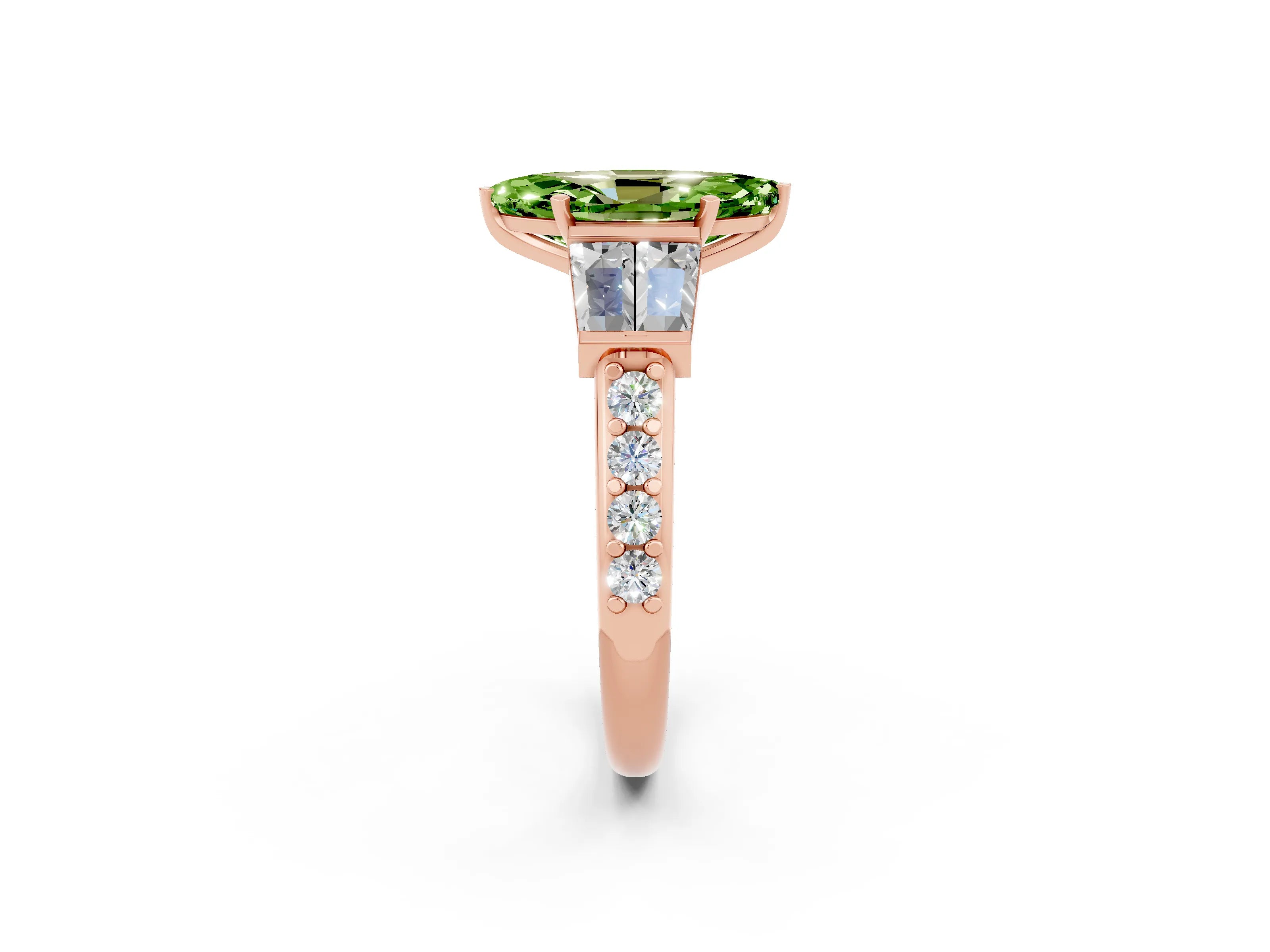 Rose gold Marquise Cut Peridot Engagement Ring with Baguette Side Stones and Channel Set Band_2