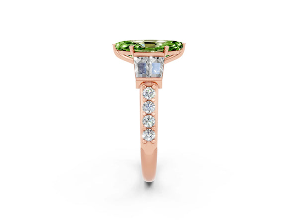 Rose gold Marquise Cut Peridot Engagement Ring with Baguette Side Stones and Channel Set Band