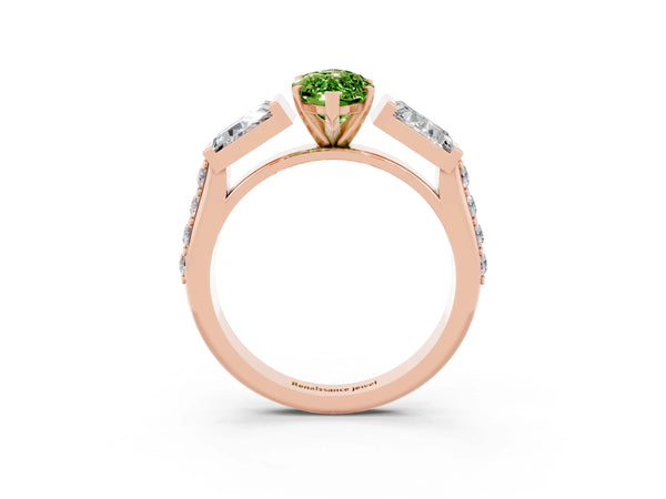 Rose gold Marquise Cut Peridot Engagement Ring with Baguette Side Stones and Channel Set Band