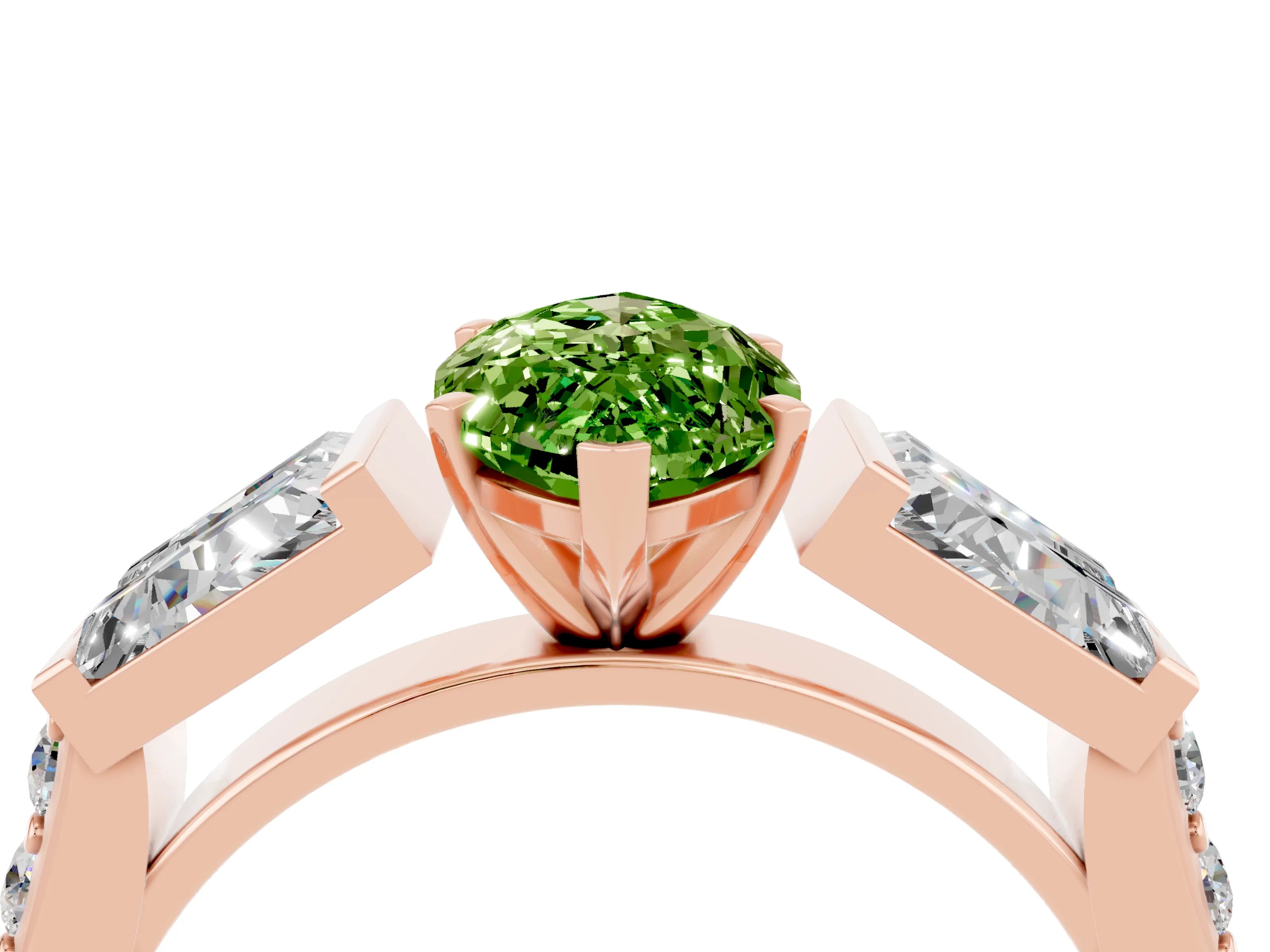 Rose gold Marquise Cut Peridot Engagement Ring with Baguette Side Stones and Channel Set Band_4