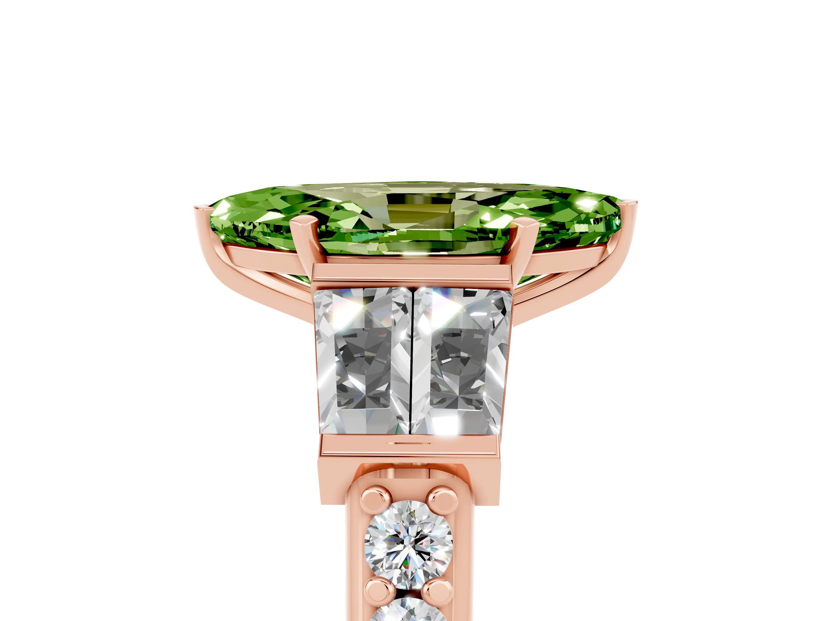 Rose gold Marquise Cut Peridot Engagement Ring with Baguette Side Stones and Channel Set Band_5
