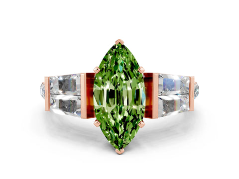 Rose gold Marquise Cut Peridot Engagement Ring with Baguette Side Stones and Channel Set Band