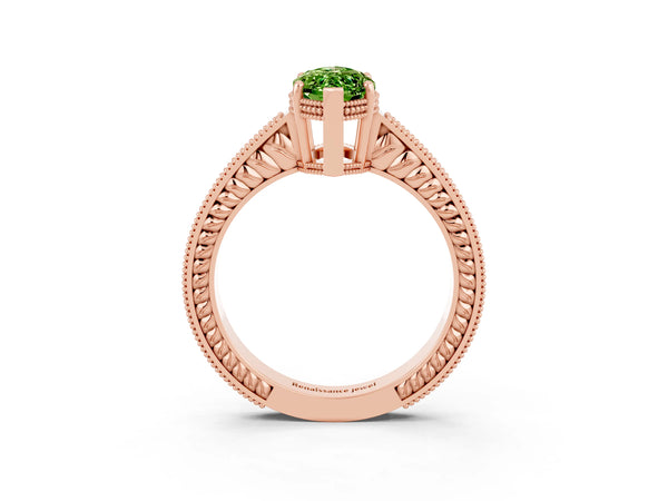 Rose gold Marquise Cut Peridot Engagement Ring with Milgrain Channel Set Band and Prong Setting