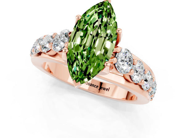 Rose gold Marquise Cut Peridot Engagement Ring with Pavé Band and Four-Prong Setting