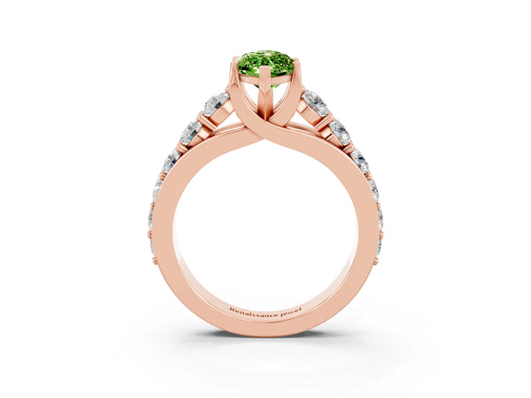Rose gold Marquise Cut Peridot Engagement Ring with Pavé Band and Four-Prong Setting