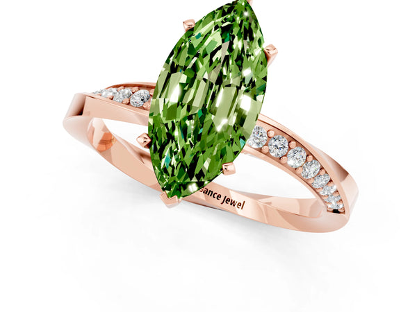 Rose gold Marquise Cut Peridot Engagement Ring with Side Stone Accents and Four-Prong Setting