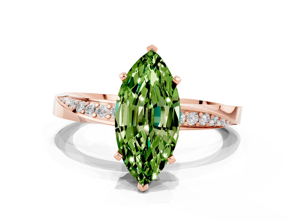 Rose gold Marquise Cut Peridot Engagement Ring with Side Stone Accents and Four-Prong Setting