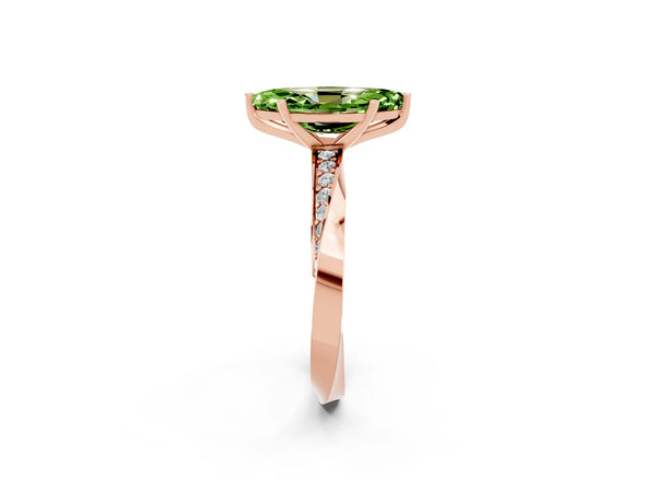 Rose gold Marquise Cut Peridot Engagement Ring with Side Stone Accents and Four-Prong Setting
