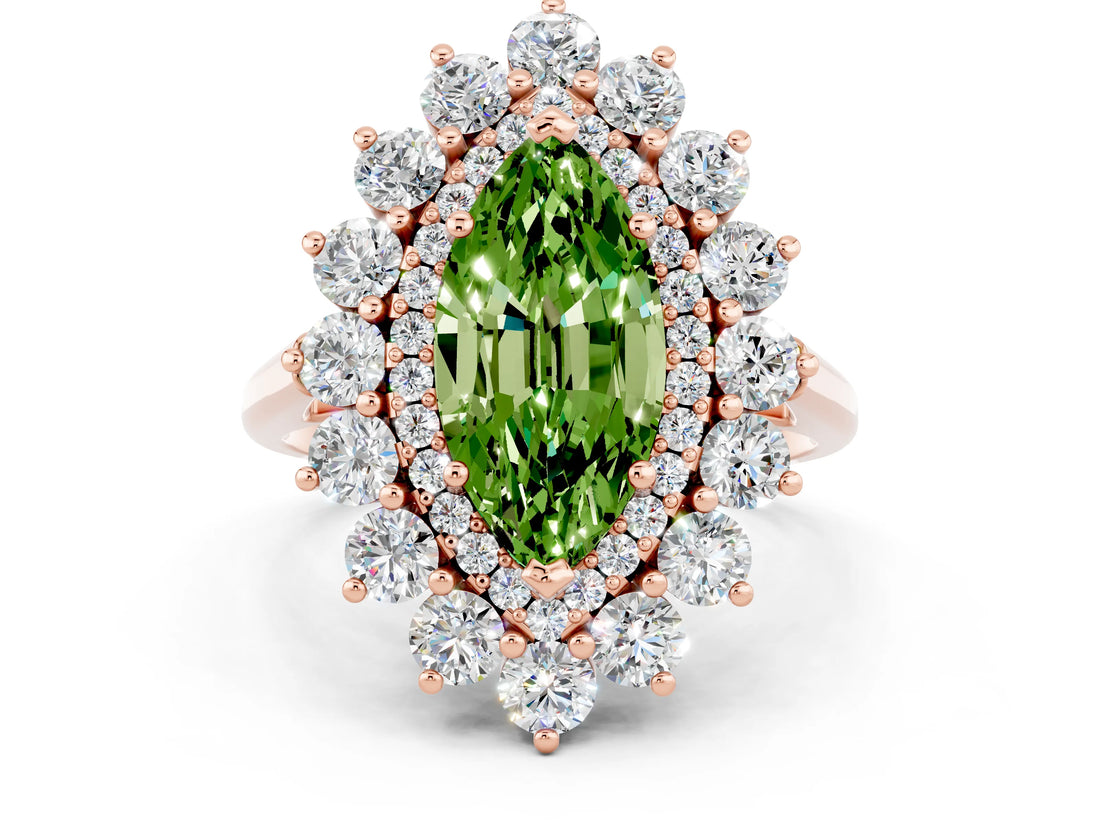 Rose gold Marquise Cut Peridot Floral Double Halo Engagement Ring with Prong Setting_60
