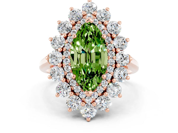 Rose gold Marquise Cut Peridot Floral Double Halo Engagement Ring with Prong Setting