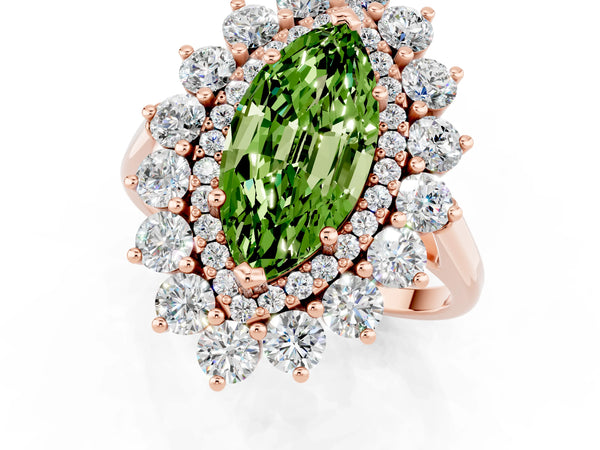 Rose gold Marquise Cut Peridot Floral Double Halo Engagement Ring with Prong Setting