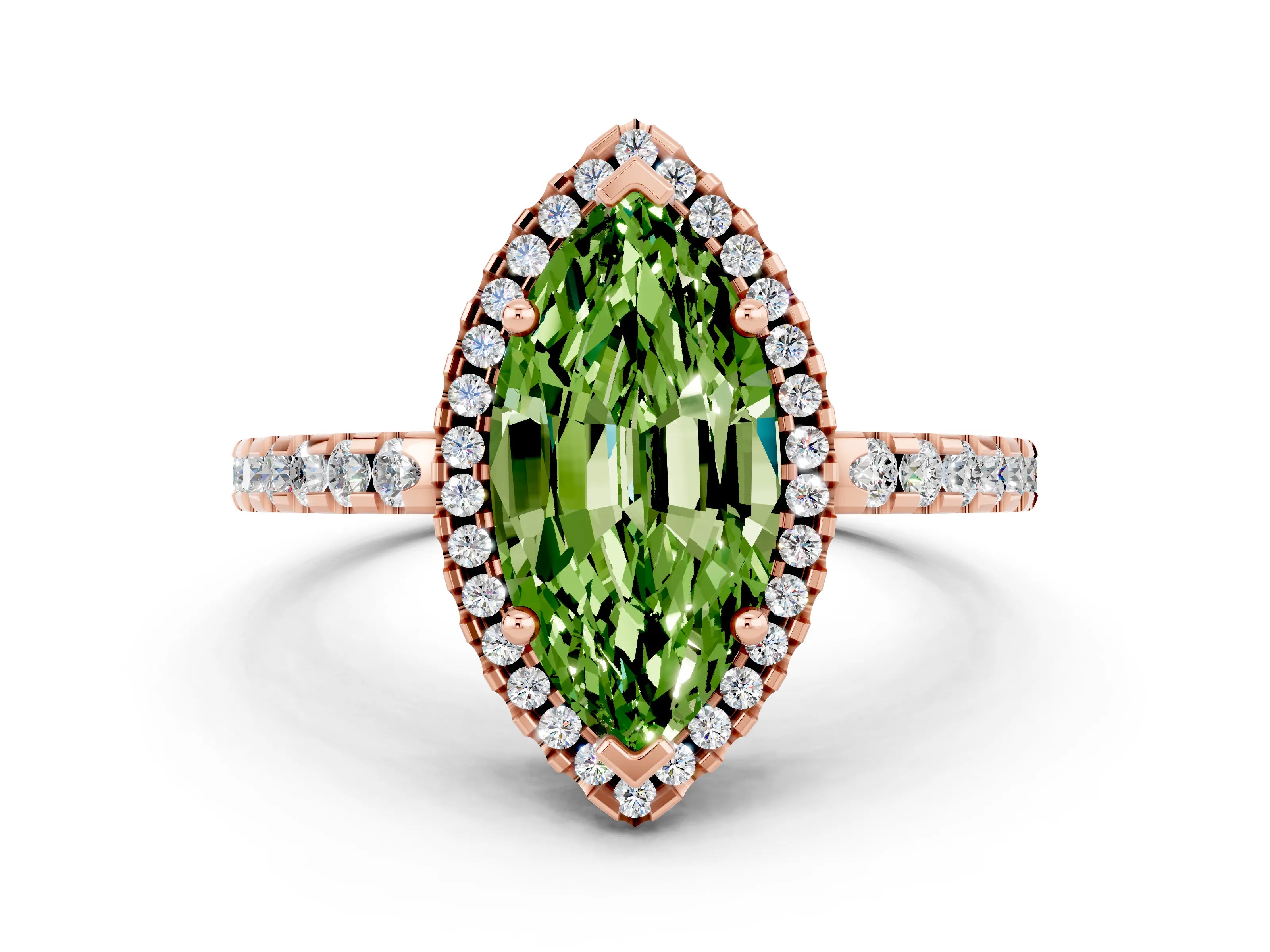 Rose gold Marquise Cut Peridot Halo Engagement Ring with Pavé Band and Prong Setting_24