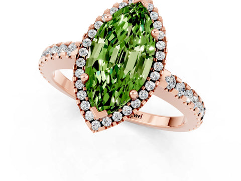 Rose gold Marquise Cut Peridot Halo Engagement Ring with Pavé Band and Prong Setting_25