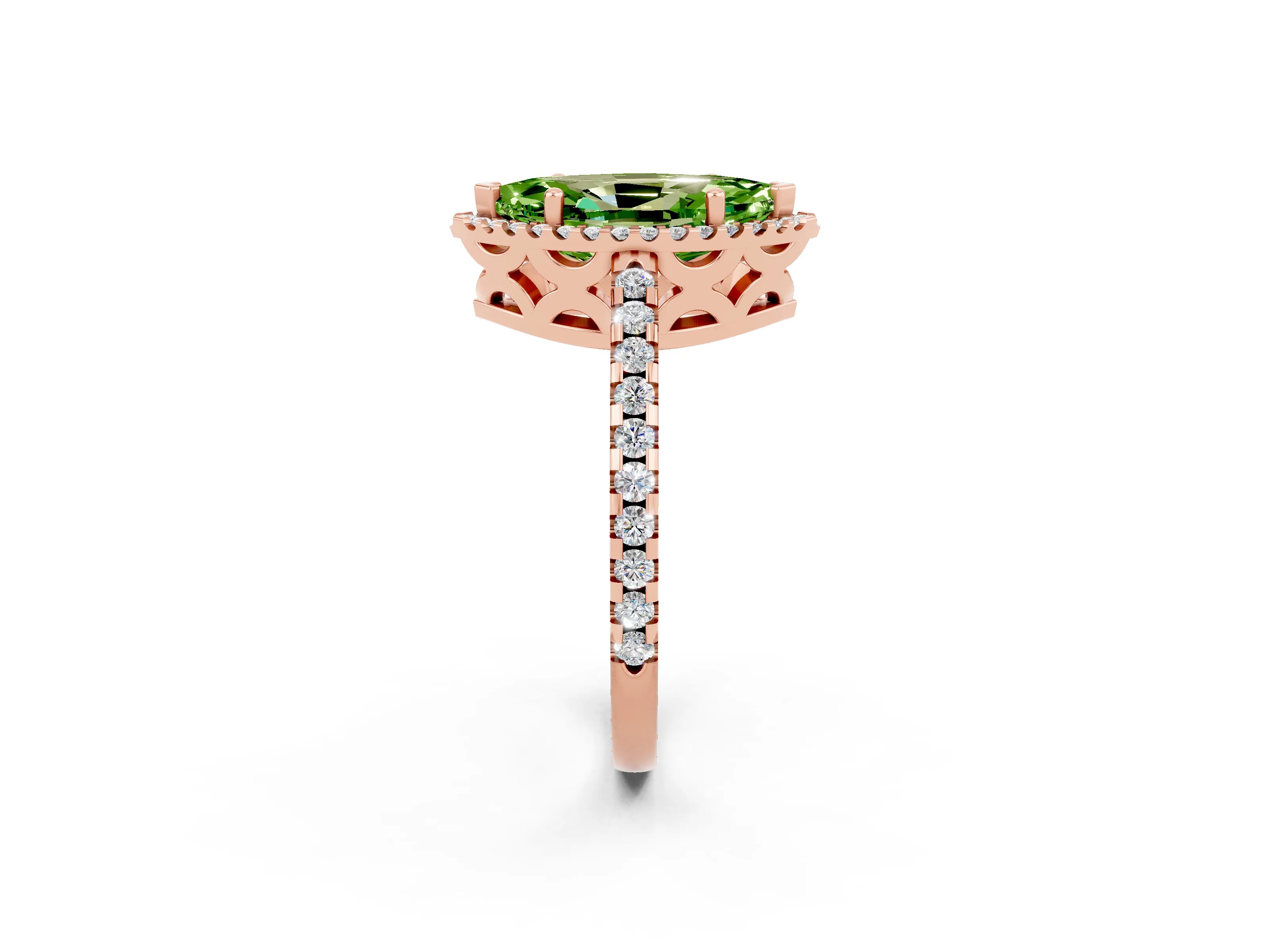 Rose gold Marquise Cut Peridot Halo Engagement Ring with Pavé Band and Prong Setting_26