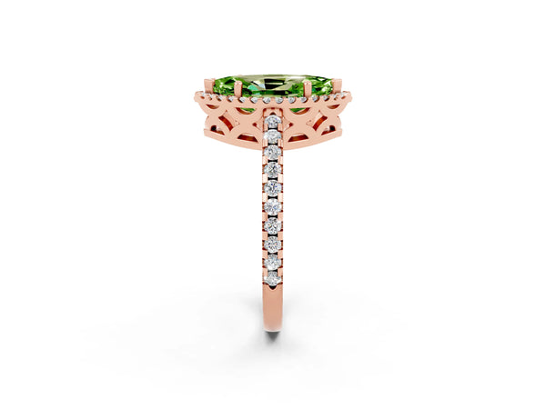 Rose gold Marquise Cut Peridot Halo Engagement Ring with Pavé Band and Prong Setting