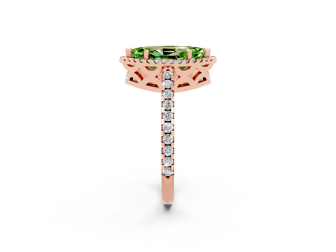 Rose gold Marquise Cut Peridot Halo Engagement Ring with Pavé Band and Prong Setting_26