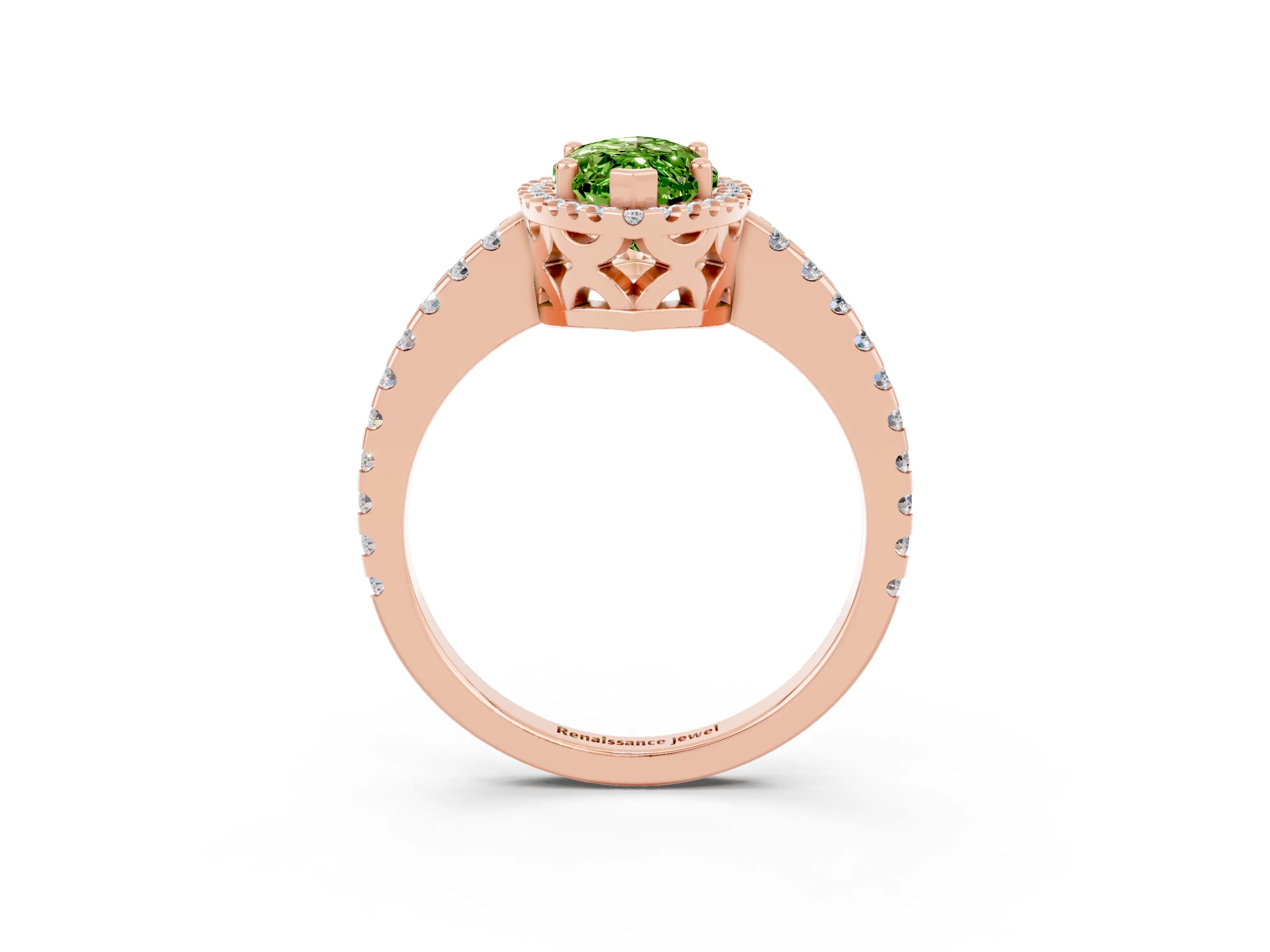Rose gold Marquise Cut Peridot Halo Engagement Ring with Pavé Band and Prong Setting_27
