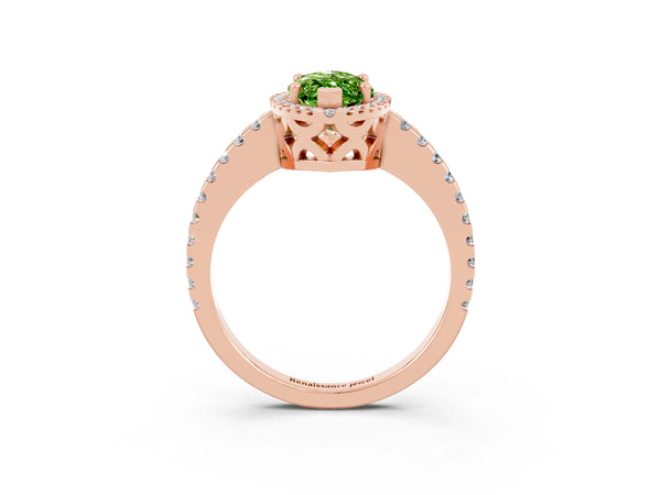 Rose gold Marquise Cut Peridot Halo Engagement Ring with Pavé Band and Prong Setting