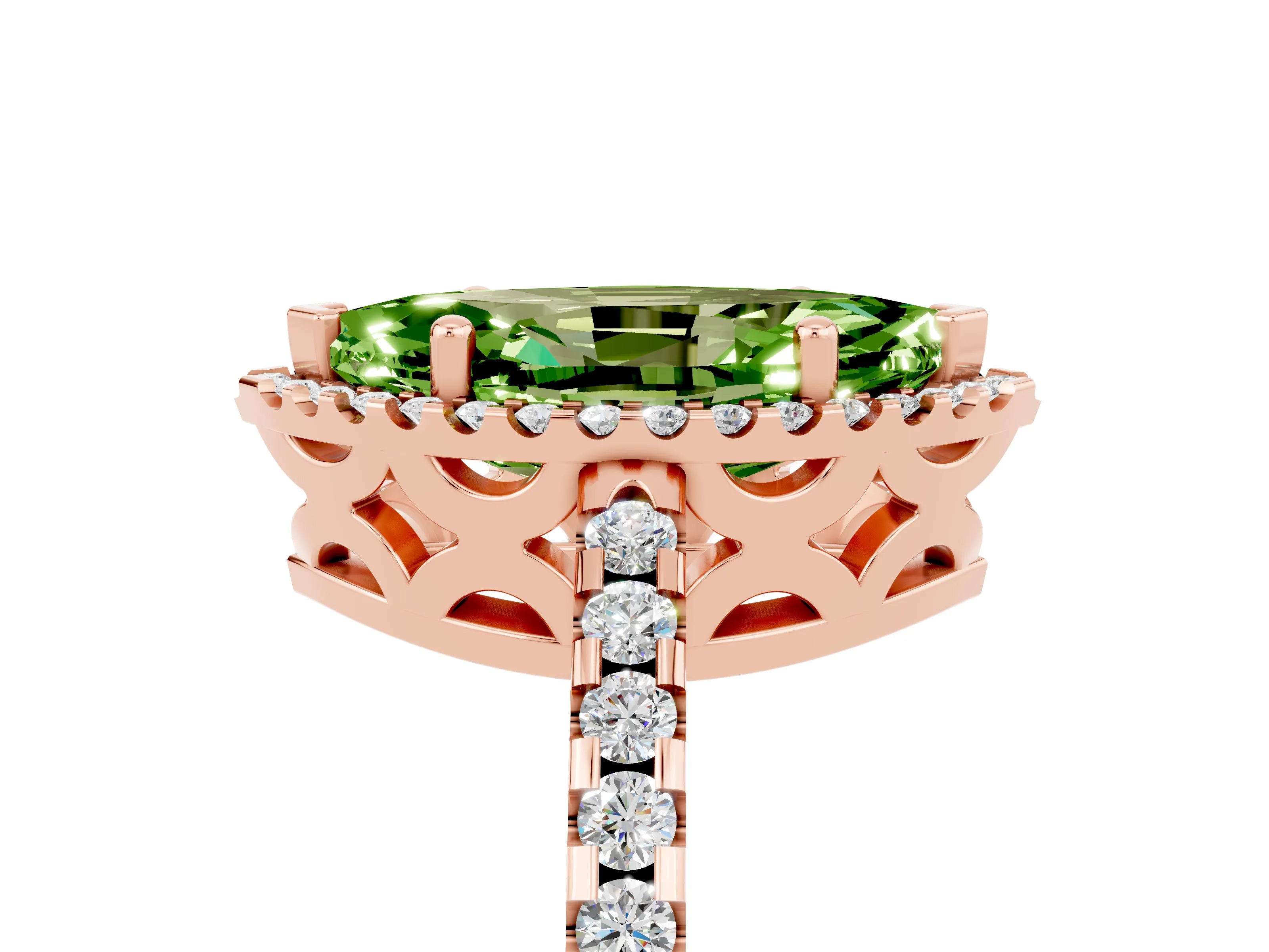 Rose gold Marquise Cut Peridot Halo Engagement Ring with Pavé Band and Prong Setting_29
