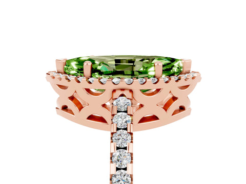 Rose gold Marquise Cut Peridot Halo Engagement Ring with Pavé Band and Prong Setting_29