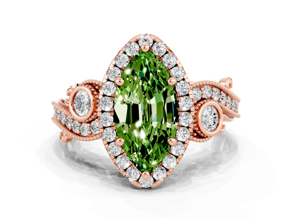 Rose gold Marquise Cut Peridot Halo Ring with Milgrain Pavé Band and Four-Prong Setting