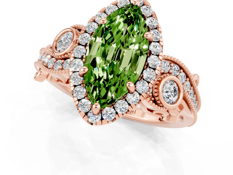 Rose gold Marquise Cut Peridot Halo Ring with Milgrain Pavé Band and Four-Prong Setting_13