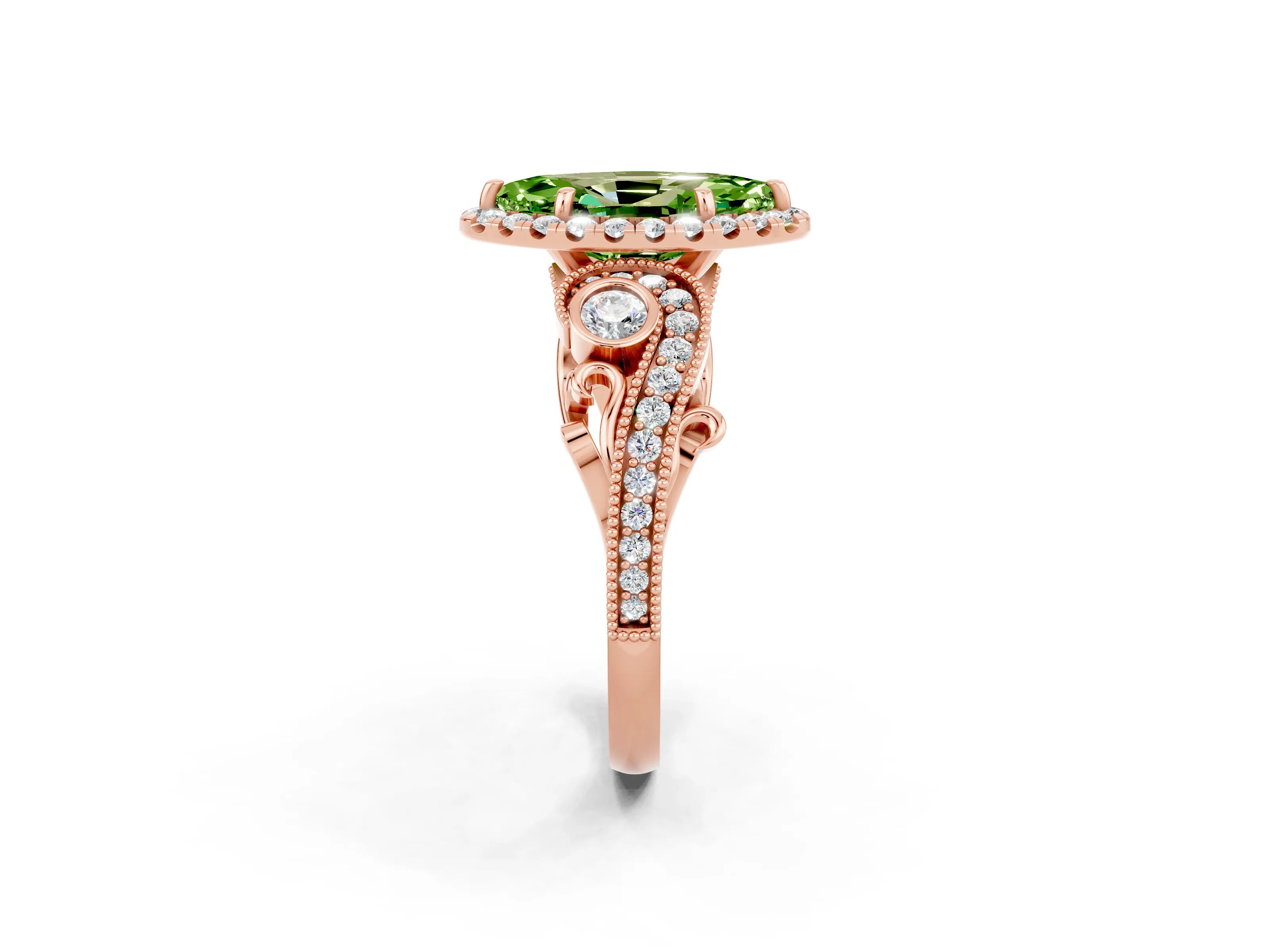 Rose gold Marquise Cut Peridot Halo Ring with Milgrain Pavé Band and Four-Prong Setting_14
