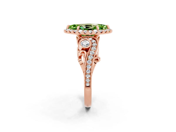 Rose gold Marquise Cut Peridot Halo Ring with Milgrain Pavé Band and Four-Prong Setting