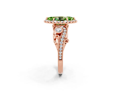 Rose gold Marquise Cut Peridot Halo Ring with Milgrain Pavé Band and Four-Prong Setting_14