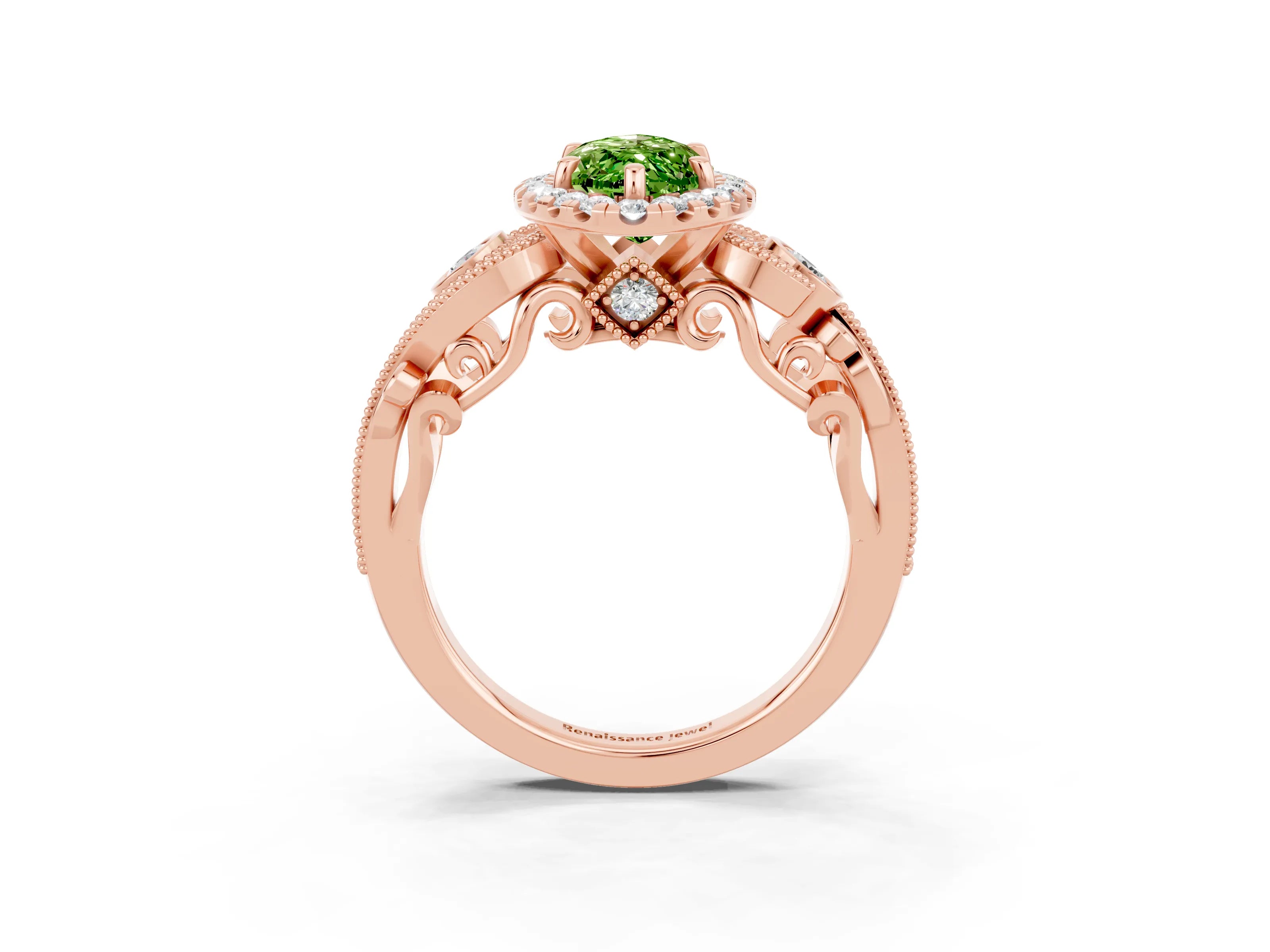 Rose gold Marquise Cut Peridot Halo Ring with Milgrain Pavé Band and Four-Prong Setting_15