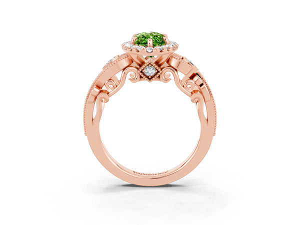 Rose gold Marquise Cut Peridot Halo Ring with Milgrain Pavé Band and Four-Prong Setting