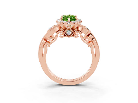 Rose gold Marquise Cut Peridot Halo Ring with Milgrain Pavé Band and Four-Prong Setting_15