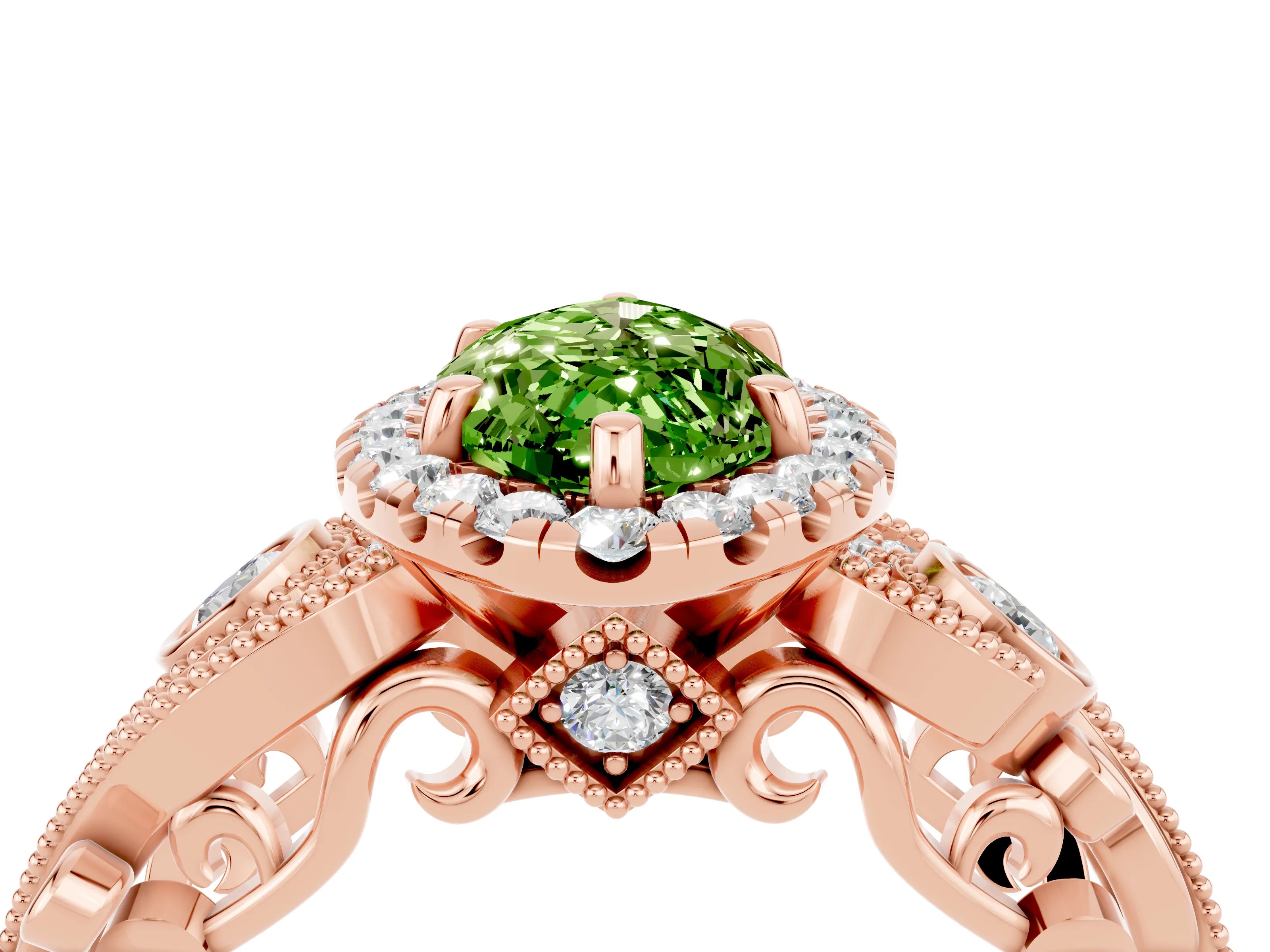 Rose gold Marquise Cut Peridot Halo Ring with Milgrain Pavé Band and Four-Prong Setting_16